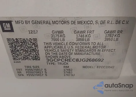 2018 Chevrolet Silverado 1500 1Lt из США, поврежденный, VIN 3GCPCREC8JG268692